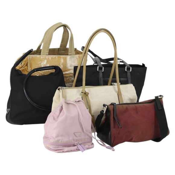 PRADA Hand Bag Nylon Canvas 6 Set Black Beige Red Auth fm4988