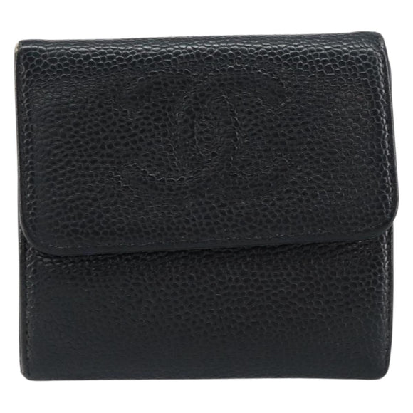 CHANEL Wallet Caviar Skin Black Gold CC Auth fm4996