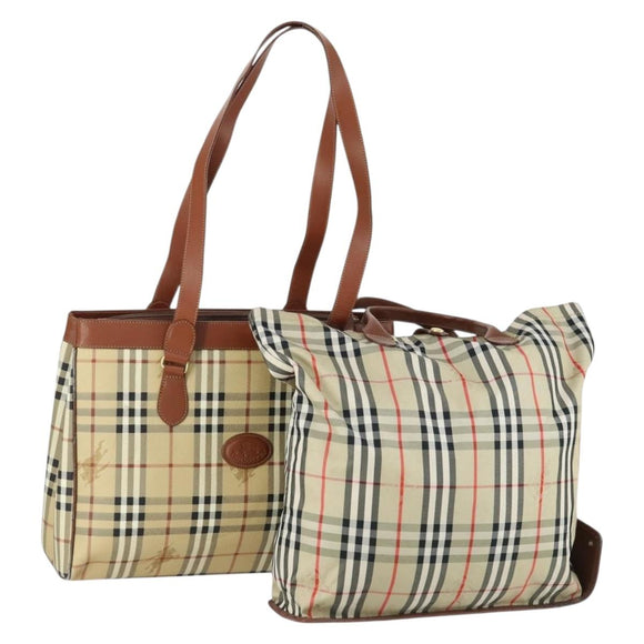 BURBERRY Nova Check Hand Bag PVC Leather Canvas 2 Set Beige Auth fm5002