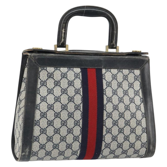 GUCCI GG Canvas Sherry Line Hand Bag Navy Gold Auth fm5015