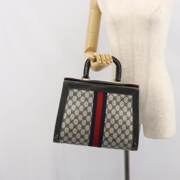 GUCCI GG Canvas Sherry Line Hand Bag Navy Gold Auth fm5015