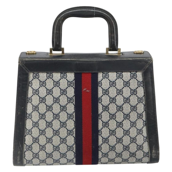 GUCCI GG Canvas Sherry Line Hand Bag Navy Gold Auth fm5015