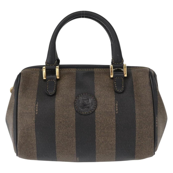 FENDI Pecan Canvas Hand Bag PVC 2way Black Brown gold Auth fm5019