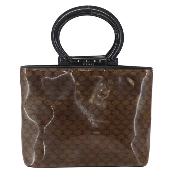 CELINE Macadam Canvas Hand Bag Vinyl Leather Brown Gold Auth fm5021
