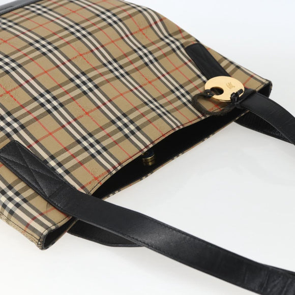 Burberrys Nova Check Tote Bag Canvas Leather Beige Black gold Auth fm5026