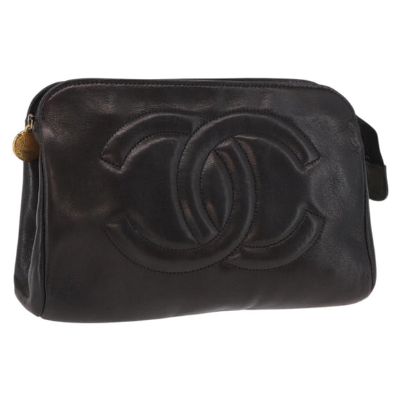 CHANEL Pouch Lamb Skin Black Gold CC Auth fm5050