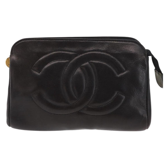 CHANEL Pouch Lamb Skin Black Gold CC Auth fm5050