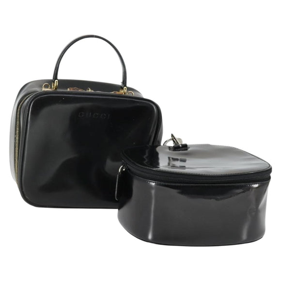 GUCCI Bamboo Vanity pouch Pouch Patent leather 2 Set Black Auth fm5062