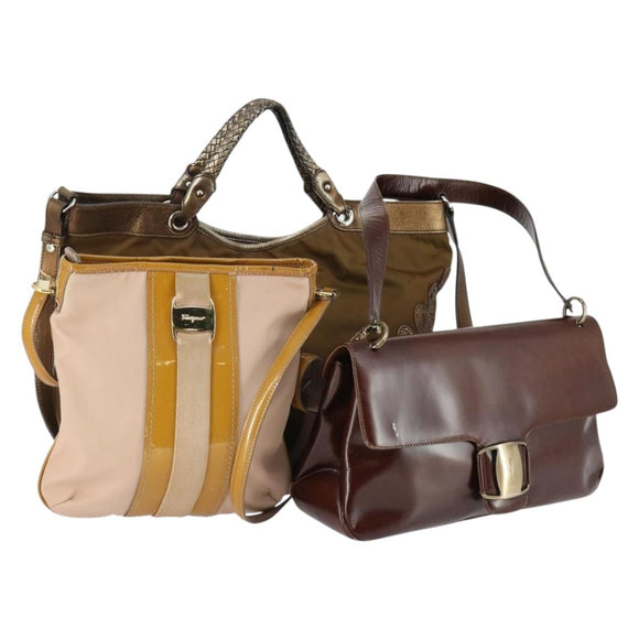 Salvatore Ferragamo Vala Bag Leather nylon 3 Set Beige Brown Auth fm5064