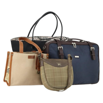 BURBERRY Nova Check Blue Black Label Hand Bag Canvas 4 Set Beige Auth fm5065