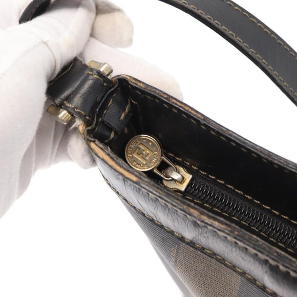 FENDI Pecan Canvas Shoulder Bag PVC Black Brown gold Auth fm5072