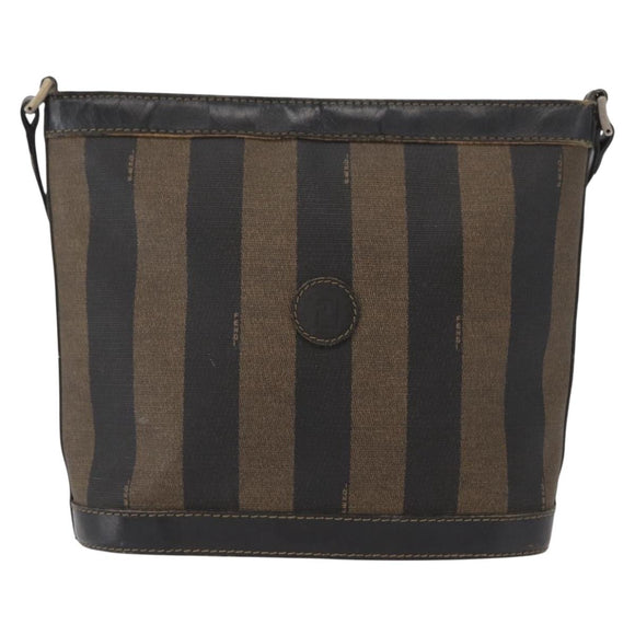 FENDI Pecan Canvas Shoulder Bag PVC Black Brown gold Auth fm5072