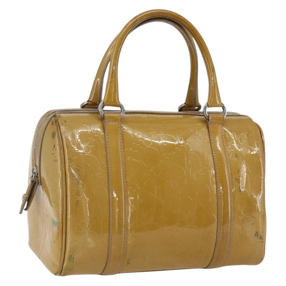 Christian Dior Trotter Canvas Boston Bag Patent leather Beige Silver Auth fm5079