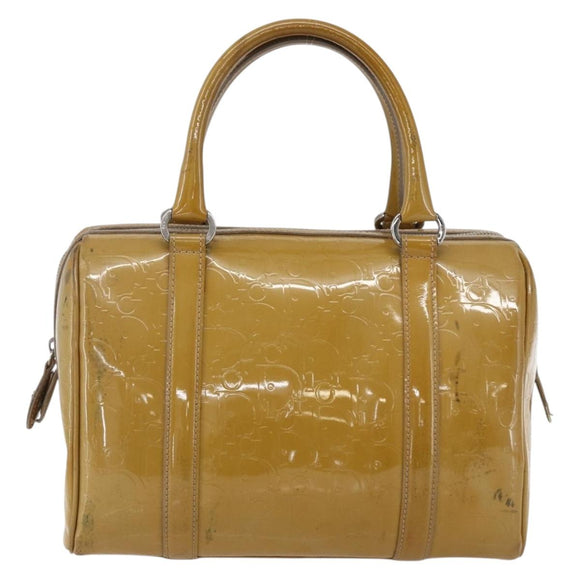 Christian Dior Trotter Canvas Boston Bag Patent leather Beige Silver Auth fm5079