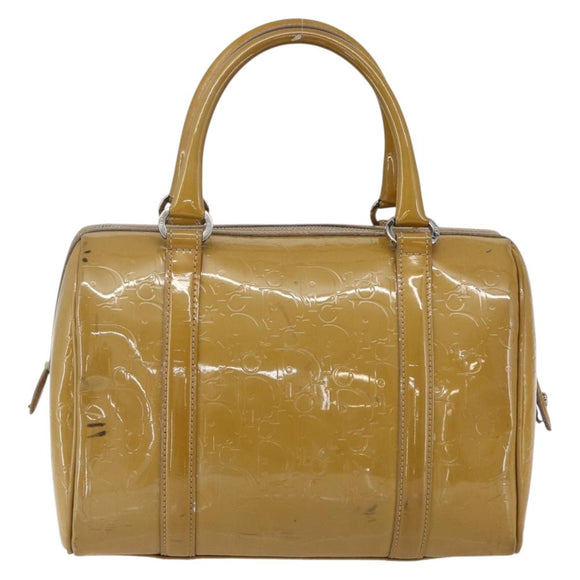 Christian Dior Trotter Canvas Boston Bag Patent leather Beige Silver Auth fm5079