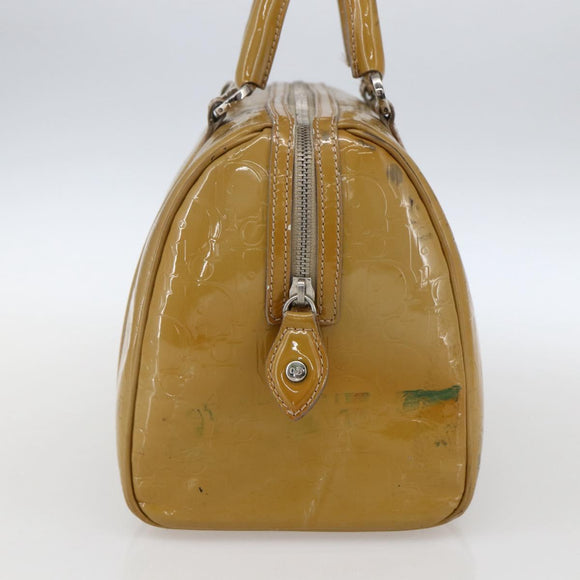 Christian Dior Trotter Canvas Boston Bag Patent leather Beige Silver Auth fm5079
