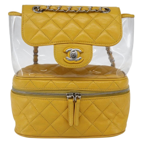 CHANEL Matelasse Chain Aquarium Backpack Leather Vinyl Yellow CC Auth fm5093V
