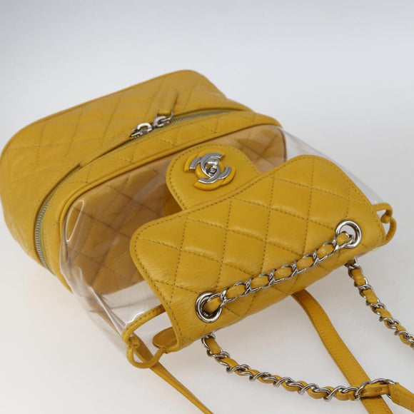 CHANEL Matelasse Chain Aquarium Backpack Leather Vinyl Yellow CC Auth fm5093V