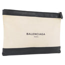BALENCIAGA Navy clip M Clutch Bag Canvas Leather Beige Black 373834 Auth fm5111-1