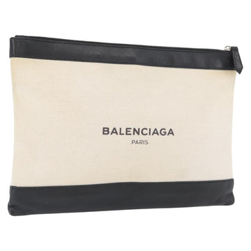 BALENCIAGA Navy clip M Clutch Bag Canvas Leather Beige Black 373834 Auth fm5111