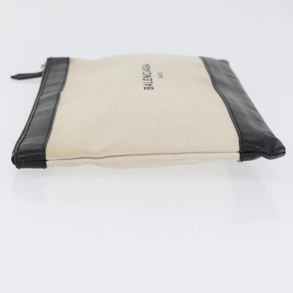 BALENCIAGA Navy clip M Clutch Bag Canvas Leather Beige Black 373834 Auth fm5111