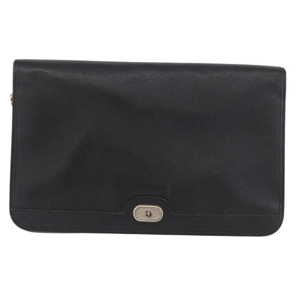 Christian Dior Chain Shoulder Bag Leather Black Gold Auth fm5129