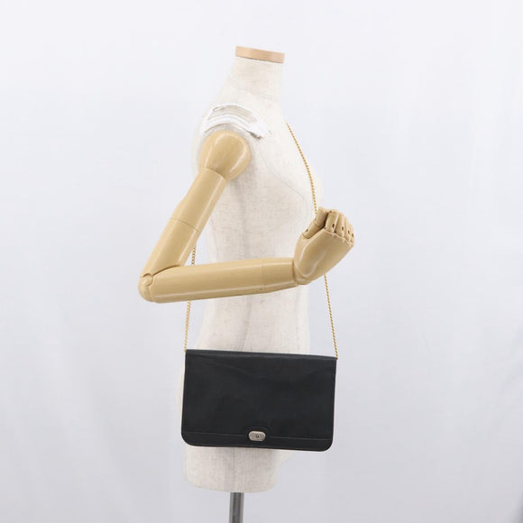 Christian Dior Chain Shoulder Bag Leather Black Gold Auth fm5129