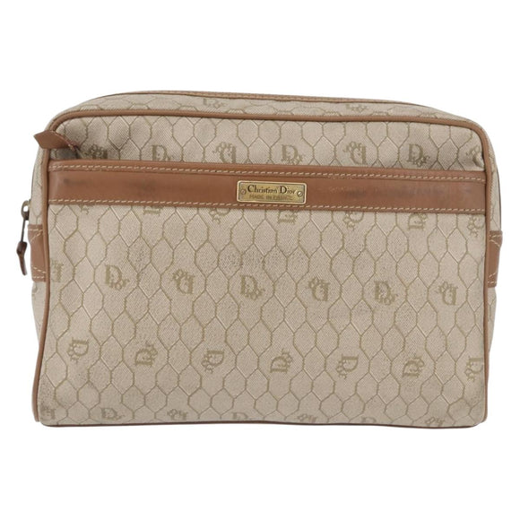 Christian Dior Honeycomb Canvas Clutch Bag PVC Beige Gold Auth fm5130