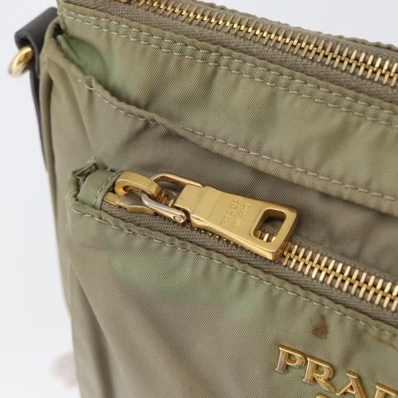 PRADA Shoulder Bag Nylon Leather Beige Gold Auth fm5136