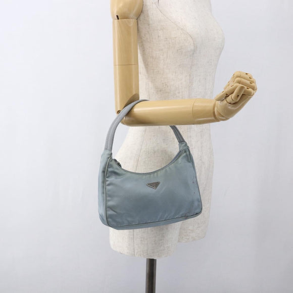 PRADA Hand Pouch Nylon Baby Blue Silver Auth fm5138