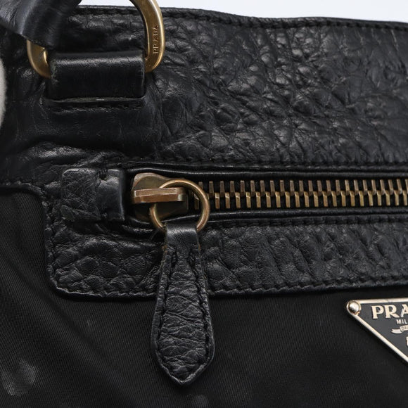 PRADA Tote Bag Nylon Leather Black Gold Auth fm5143