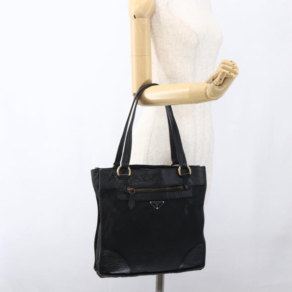 PRADA Tote Bag Nylon Leather Black Gold Auth fm5143