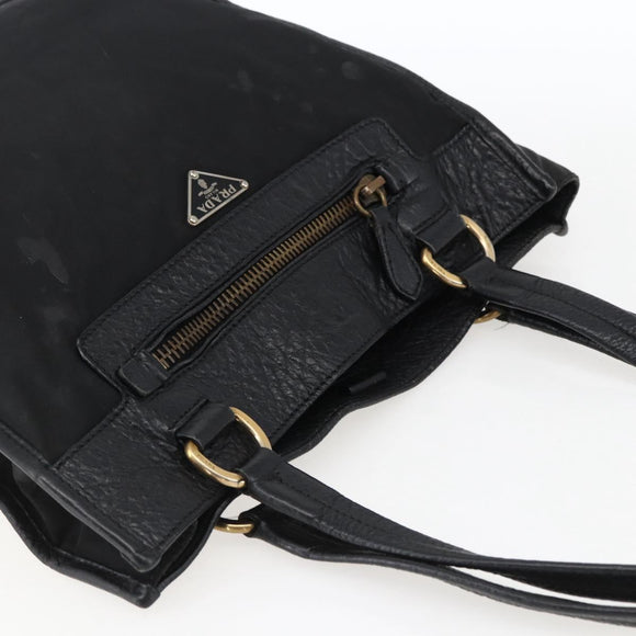 PRADA Tote Bag Nylon Leather Black Gold Auth fm5143