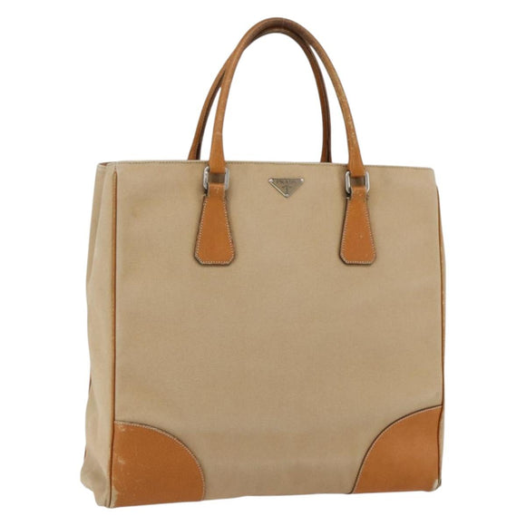 PRADA Handtasche Canvas Leder Beige Silber Auth fm5148