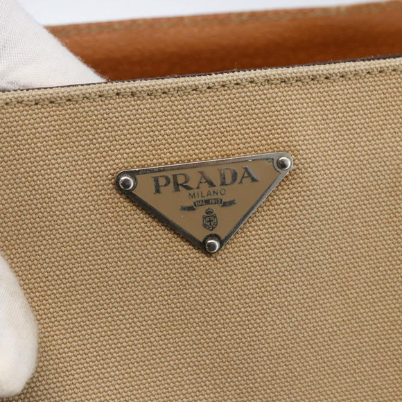 PRADA Handtasche Canvas Leder Beige Silber Auth fm5148