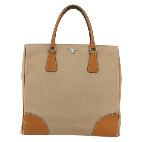 PRADA Handtasche Canvas Leder Beige Silber Auth fm5148
