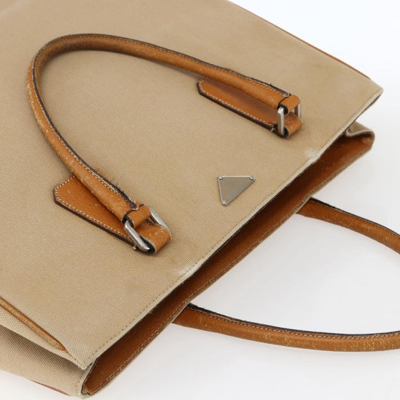 PRADA Handtasche Canvas Leder Beige Silber Auth fm5148
