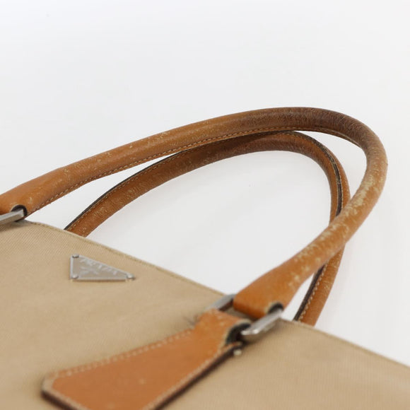 PRADA Handtasche Canvas Leder Beige Silber Auth fm5148