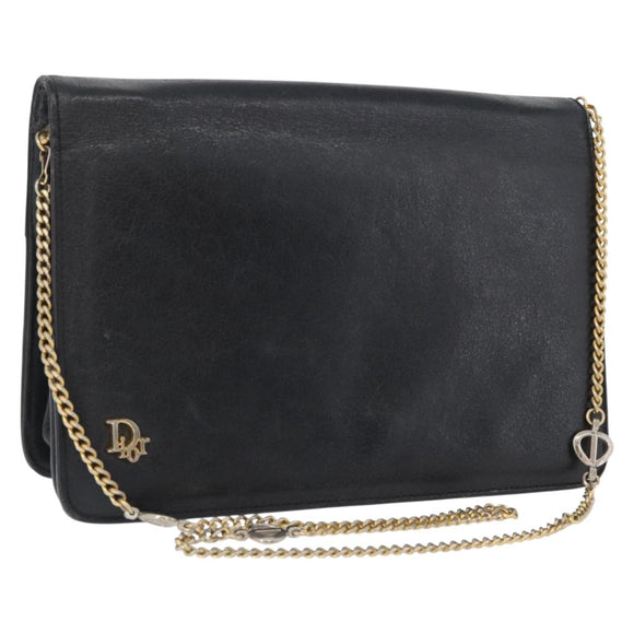 Christian Dior Chain Shoulder Bag Leather Black Gold Auth fm5154