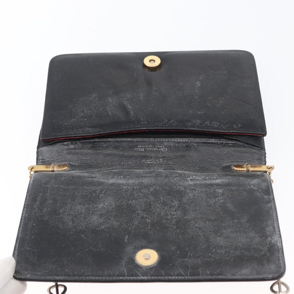 Christian Dior Chain Shoulder Bag Leather Black Gold Auth fm5154