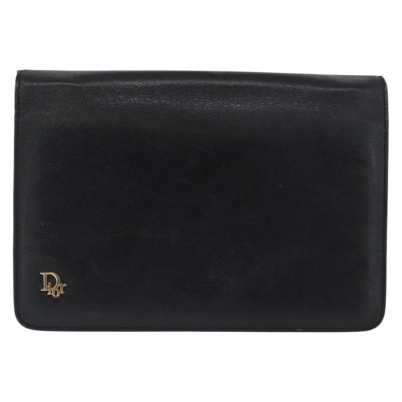 Christian Dior Chain Shoulder Bag Leather Black Gold Auth fm5154