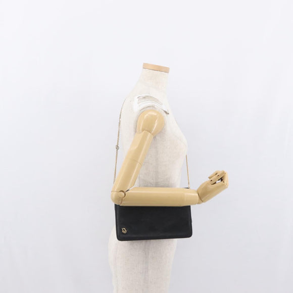Christian Dior Chain Shoulder Bag Leather Black Gold Auth fm5154