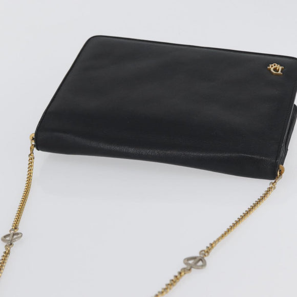 Christian Dior Chain Shoulder Bag Leather Black Gold Auth fm5154