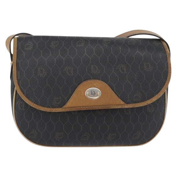 Christian Dior Honeycomb Canvas Shoulder Bag PVC Black Gold Auth fm5155