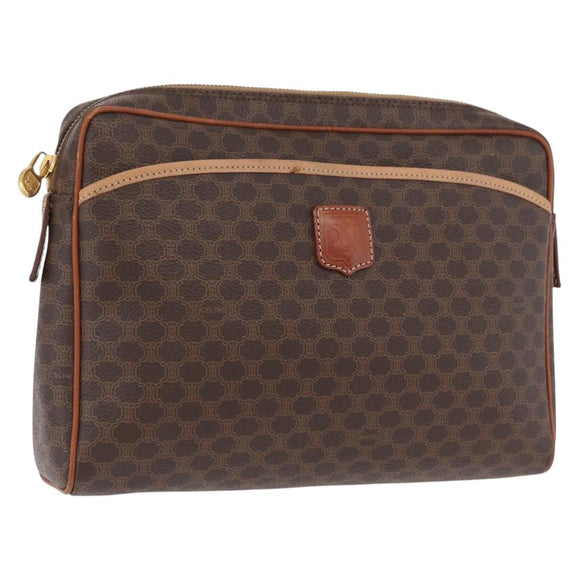 CELINE Macadam Canvas Pouch PVC Leather Brown Gold Auth fm5156