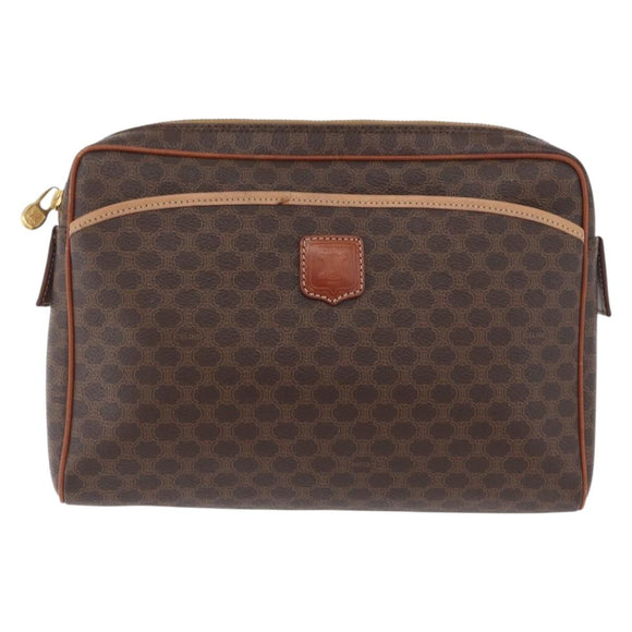 CELINE Macadam Canvas Pouch PVC Leather Brown Gold Auth fm5156