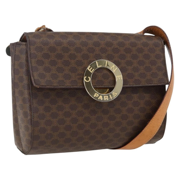 CELINE Macadam Canvas Circle Shoulder Bag PVC Leather Brown Gold Auth fm5157