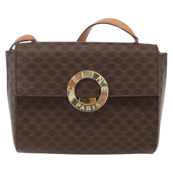 CELINE Macadam Canvas Circle Shoulder Bag PVC Leather Brown Gold Auth fm5157