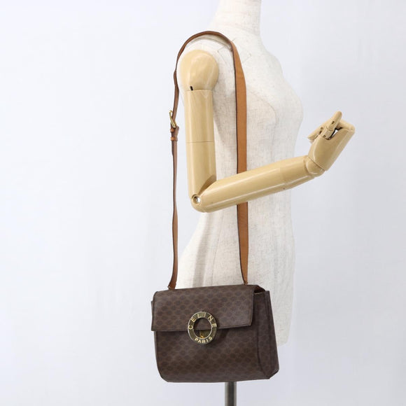 CELINE Macadam Canvas Circle Shoulder Bag PVC Leather Brown Gold Auth fm5157