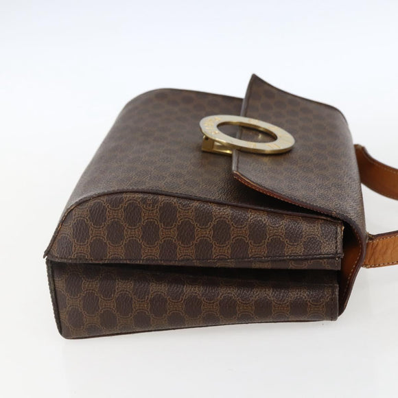 CELINE Macadam Canvas Circle Shoulder Bag PVC Leather Brown Gold Auth fm5157